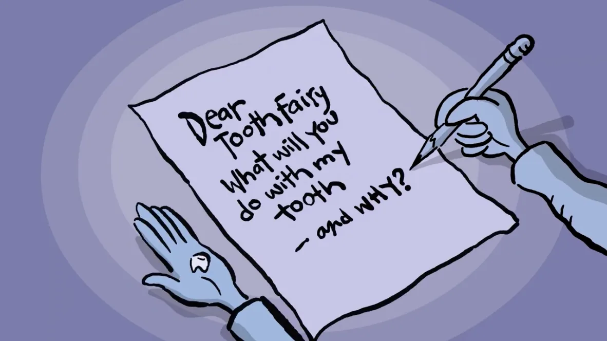 Arlo writing his letter to the Tooth Fairy - 'Dear Tooth Fairy, what will you do with my tooth, and why?' - a scene from The Tooth Fairy's Secret Workshop