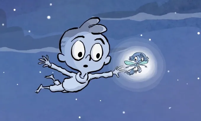 Arlo flying through the starry night sky beside CeCe the Tooth Fairy, a scene from the animated short film The Tooth Fairy's Secret Workshop